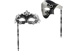 Thmyo Couple Masquerade Masks Set with Holding Stick, Venetian Handheld Party Mask for Women and Men Party Costumes Accessory