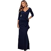 Xscape Women's Long 3/4 Sleeve V-Neck Side Ruched Gown (Reg and Petite)