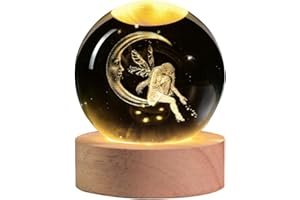 QIANCHANG 3D Fairy Crystal Ball with LED Stand, Fairies Figurines Lamp Night Light, Fairy Moon Decor Glass Sphere Balls Gifts for Women Girls Mom Kids(60mm)