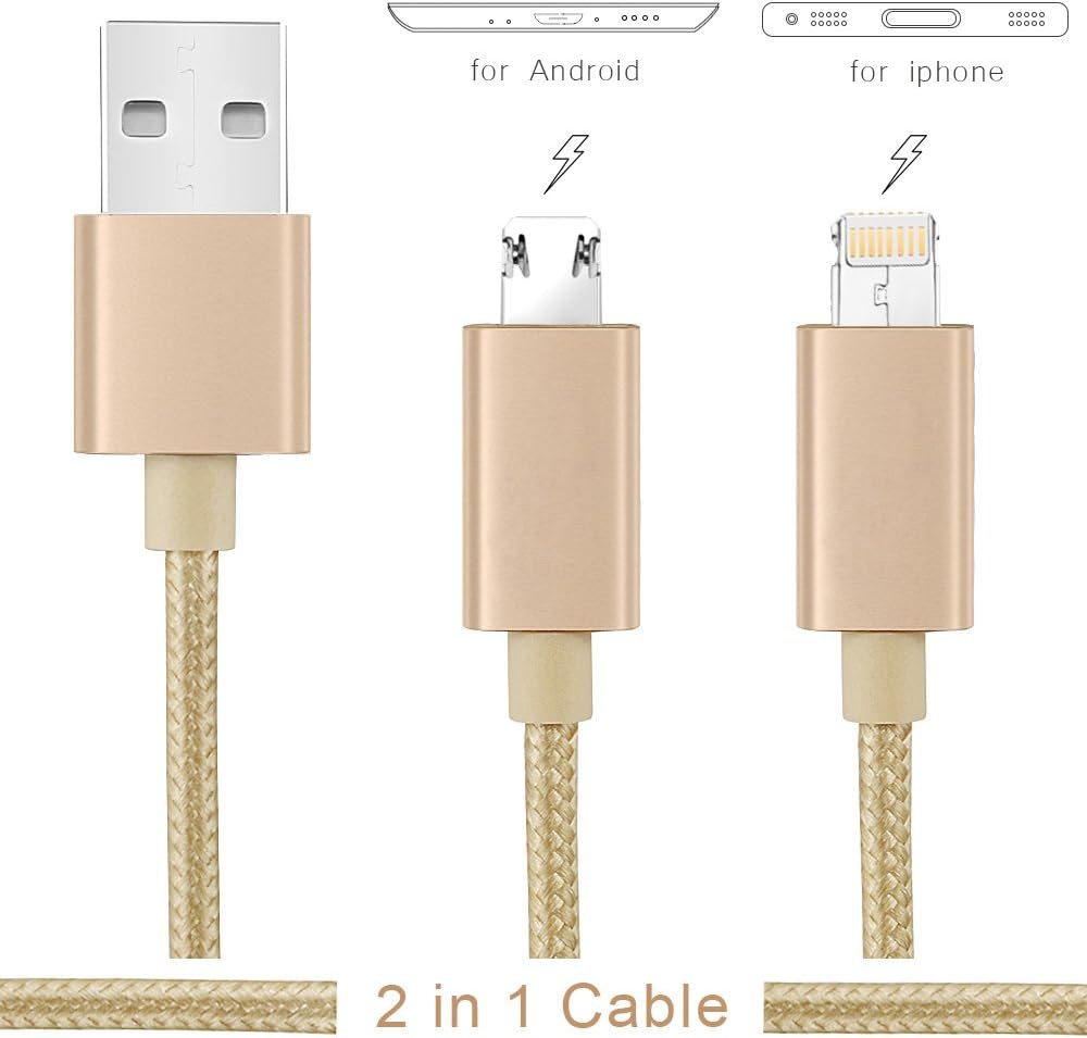 Quick Charging Cable, TRF 2 in 1 Reversible Apple Lightning Cable and Micro USB Charging Cord Nylon Braided One Plug Cable for both IOS iPhone 6 6s Plus iPad Air and Android devices (Champagne gold)