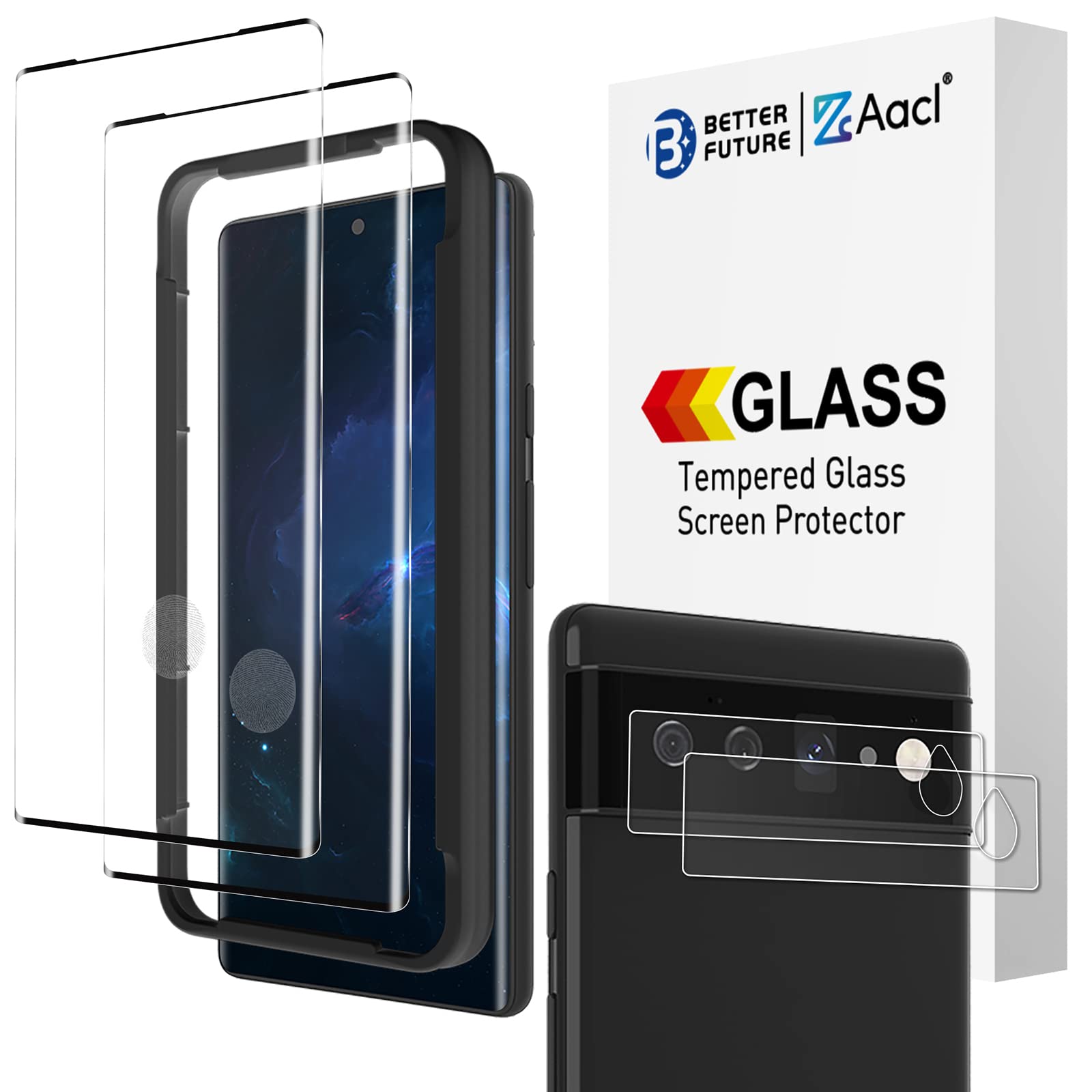 Photo 1 of [Fingerprint Compatible] 2 Pack 3D Tempered Glass for Google Pixel 6 Pro Screen Protector + 2 Pack Camera Lens Protector, [Fingerprint Unlock][Anti-Scratch][Work with Case]
