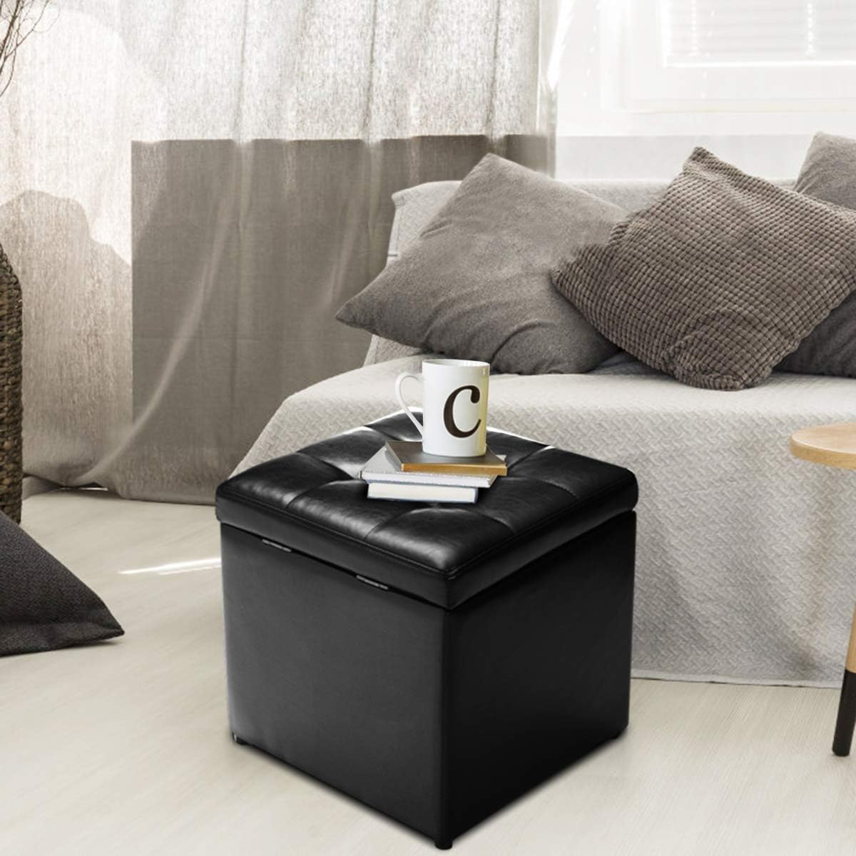 COSTWAY Baúl Puff Taburete con Tapa para Almacenaje Plegable 40x40x40cm