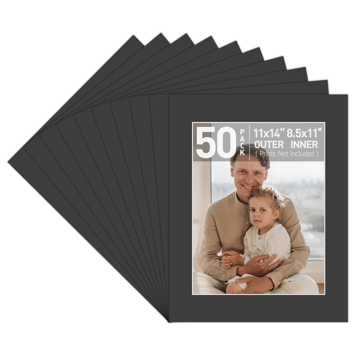 Golden State Art, Acid Free, Pack of 50, Black Pre-Cut 11x14 Picture Mat, for 8.5x11 Document/Photo, with White Core Bevel Cut Mattes