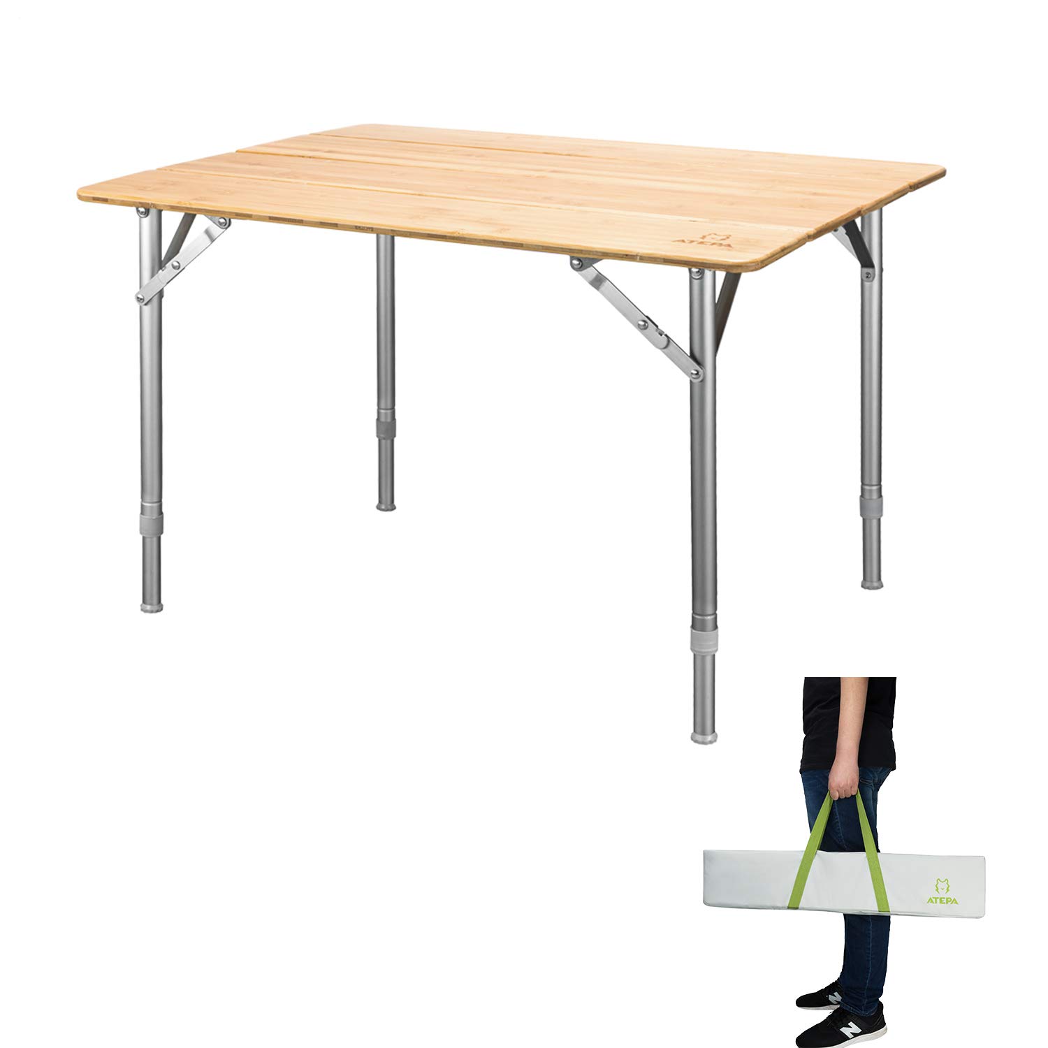 ATEPA 4-Fold Bambu Heavy Duty Adjustable Height Aluminum Frame Folding Bamboo Table with Carry Bag