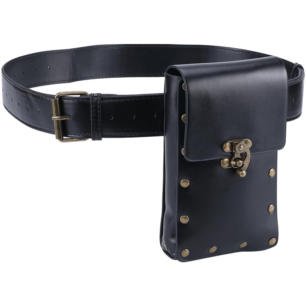 GORGECRAFT Vintage Black Waist Bag Medieval Leather Belt Pouch Set Cellphone Purse Holster with Alloy Clasp Renaissance Imitation Leather Wallet Holder for LARP Festival Props Costume Accessories