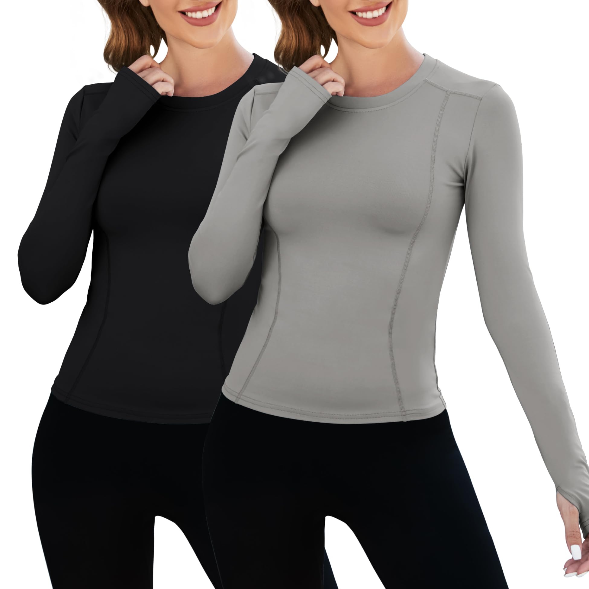 Photo 1 of Loovoo Workout Shirts for Women Long Sleeve Compression Athletic Gym Fitted Tops Running Seamless Yoga Tight Set Sports