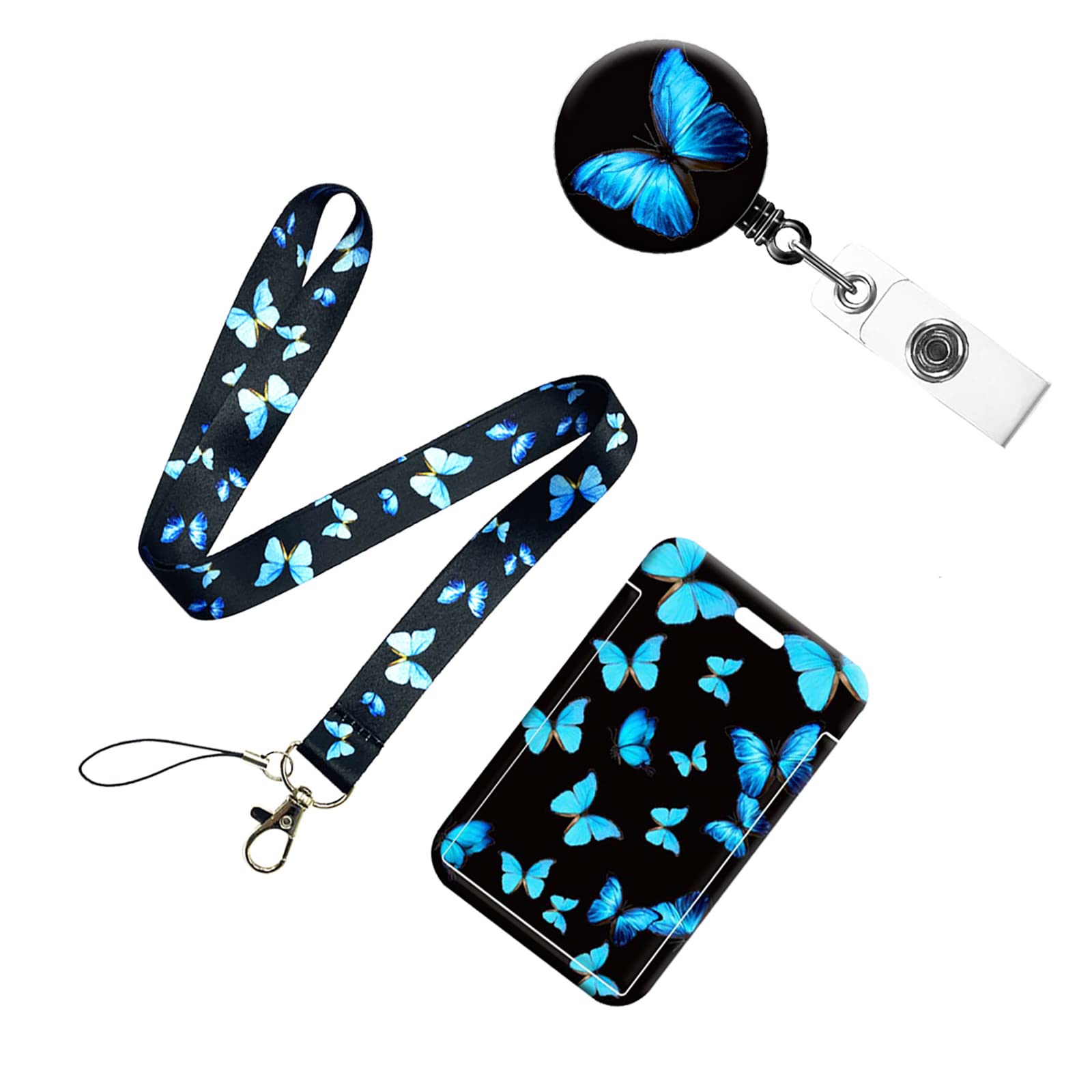 WUDQIJI ID Case with Strap, 1 Piece ID Holder Extendable Bus Ticket Case Student Lanyards Lanyard with Card Case with Strap for ID Cards Office School (Blue Butterfly), blue