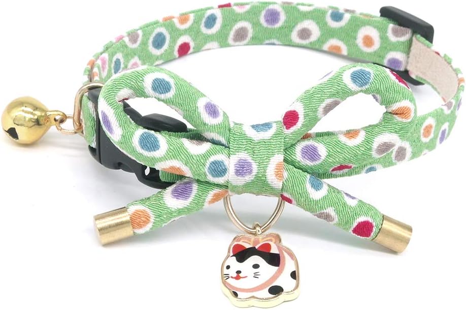 PetSoKooCute Bowknot Cat Collar with Bell. Japan Colorful Polka Dots Pattern. Lucky Cat Charm. Safety Breakaway, Soft, for Girl Boy Male Female Adult Cats,Green