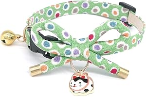 PetSoKoo Cute Bowknot Cat Collar with Bell. Japan Colorful Polka Dots Pattern. Lucky Cat Charm. Safety Breakaway, Soft, for Girl Boy Male Female Adult Cats,Green