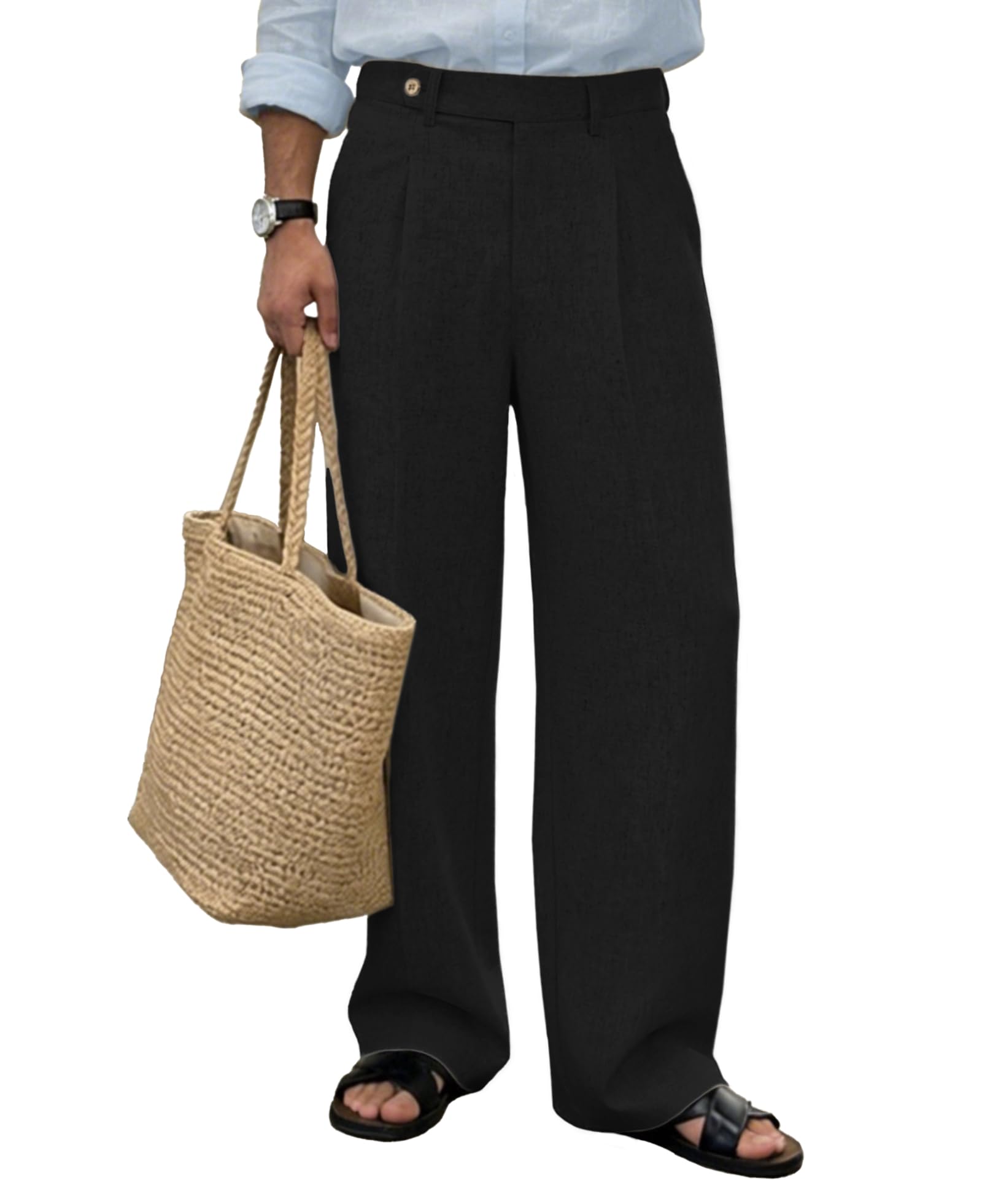 Photo 1 of *USED, DAMAGED* Susclude Men's Baggy Linen Dress Pants Wide Leg Pleated Stylish Casual Slacks Lightweight Vintage Oversized Trousers Black 34