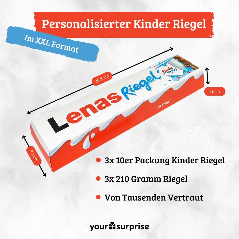 XXL kinder Riegel personalisiertes Geschenk mit Name - Geburtstagsgeschenk für Männer und Frauen personalisiert mit 3x 10er Packung kinder Riegel Schokolade (630 gramm) 5