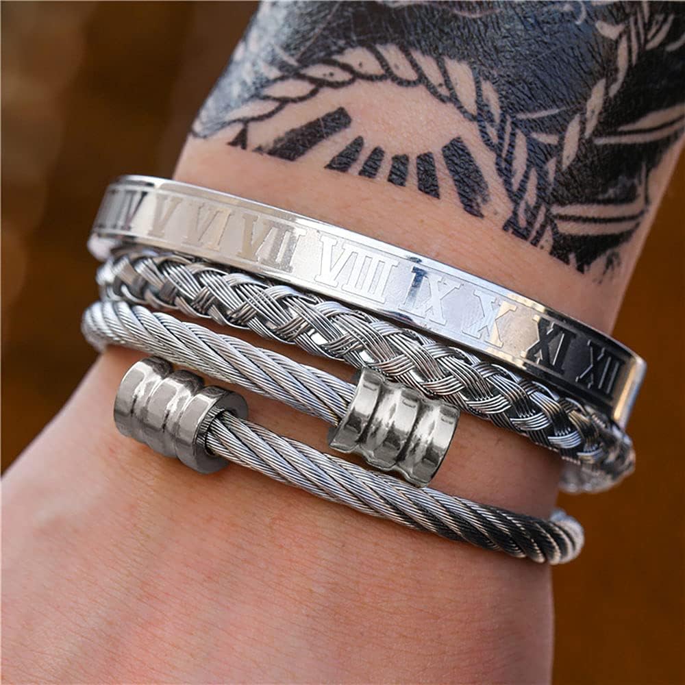 WFYOU 3PCS Stainless Steel Bracelets for Men Gold Roman Numeral Bangle Bracelet Twisted Cable Bracelet Adjustable Cuff Bracelet Mens Luxury Jewelry Bracelets Gifts: Clothing
