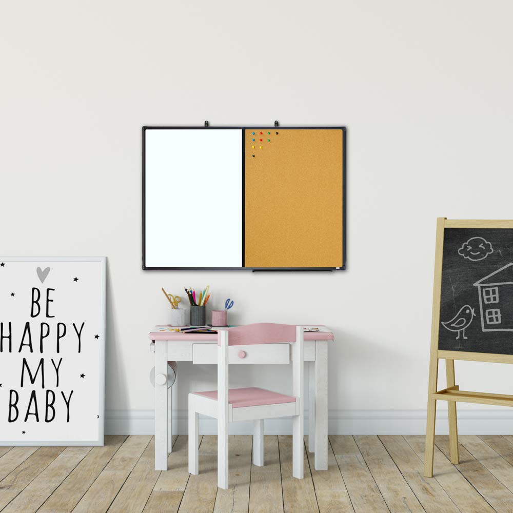 XBoard Magnetic whiteboard 36 x 24 - Combo Whiteboard Dry Erase Board/Cork Board, Magnetic White Board + Corkboard with Black Aluminum Frame, 10 Colorful Push Pins & Marker Tray Included