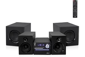 Pyle P.M.P.O CD/DVD Stereo System, 5-pc Wireless BT Streaming 6 Ohm Two-Way Wooden Speaker Box and Subwoofer, Digital Amplifier IC with MP3, USB, FM Radio, Bass Reflex Speaker