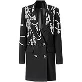 NCDIMS Women Rhinestone Beading Long Blazer Dress Jacket Luxury Shining Double Breasted Notched Collar Suit Fashion Outfit