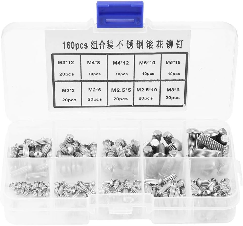 160pcs M2-M5 Solid Rivets Kit Stainless Steel Round Head Knurled Shank Solid Rivets Assortment Set including Storage Box