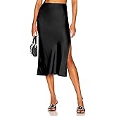 Womens High Waisted Satin Midi Skirts Elegant Flared A Line Elastic Waistband Silk Slit Skirt for Women