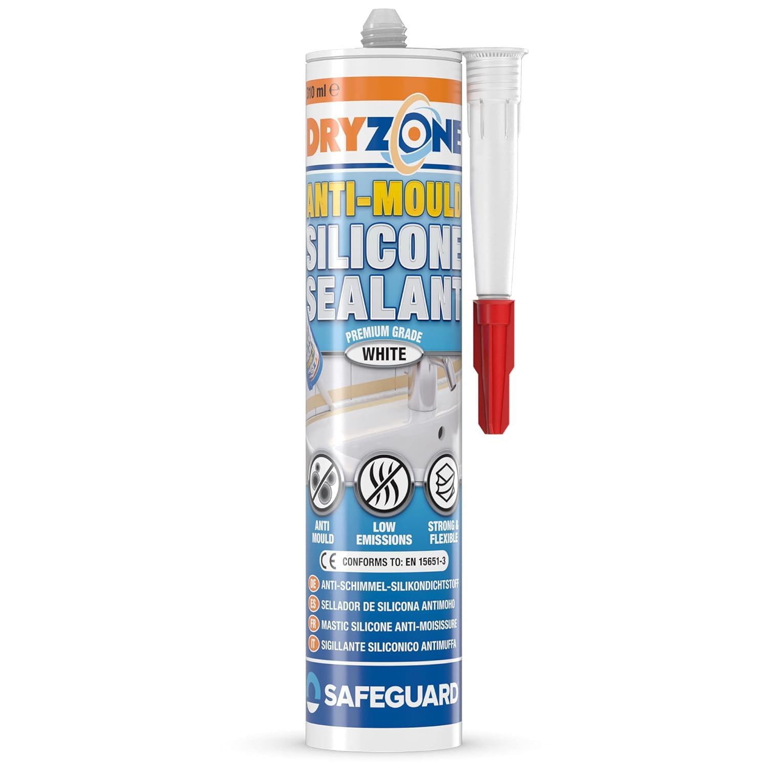 Dryzone Anti-Mould Silicone Sealant White, Waterproof Premium Sanitary-Grade, Low VOC Sealant for Bathroom and Kitchen