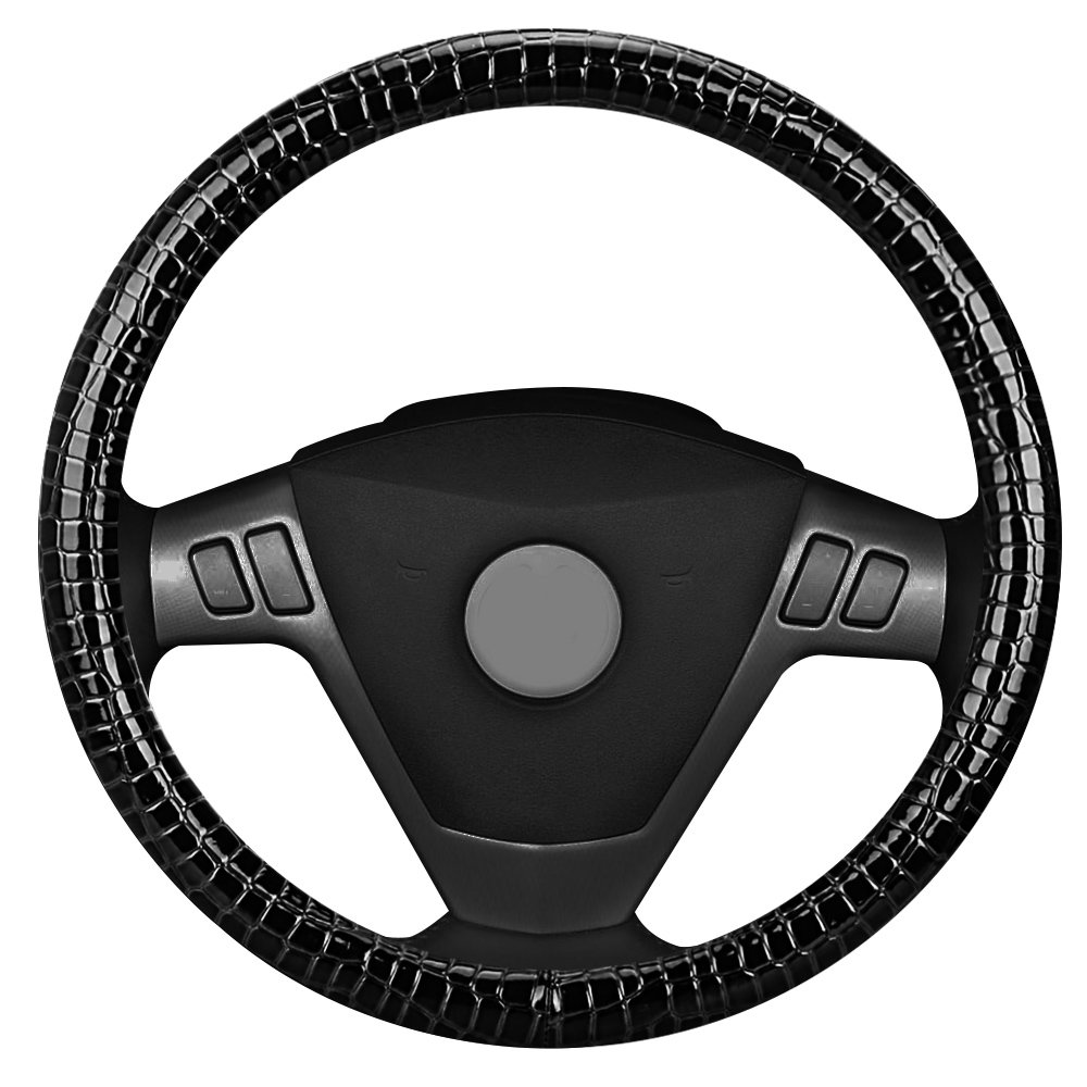 Car Steering Wheel Cover,Durable Crocodile Skin Anti-slip Universal Middle Size 15 Inch Black Nasibo