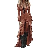 TACSTRUN Women's Sexy Deep V Long Sleeve Western Dress Fall Casual Asymmetrical Hem High Low Long Dress