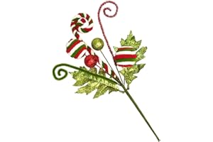 Lime Green Furry Christmas Tree Picks Topper 13.4'' Red Curly Lollipop Candy Cane with Glitter Balls Xmas Faux Stems Vase Fil