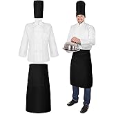 Hillban Halloween Adult Chef Costume Set with Tall Hat, 3 Pcs White Chef Jacket Black Apron for Men Cosplay Hibachi Uniform