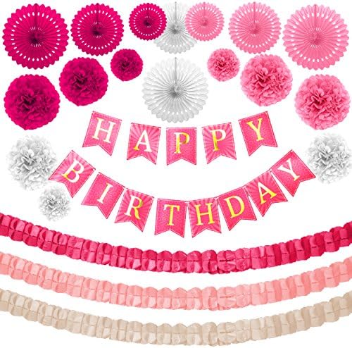 Birthday Decorations for Girls and Women - Pink and Gold Happy Birthday Banner, Paper Garlands, Fans, Pom Poms - Kids and Adults Birthday Party Supplies, Pink Gold White 1st Birthday Decorations