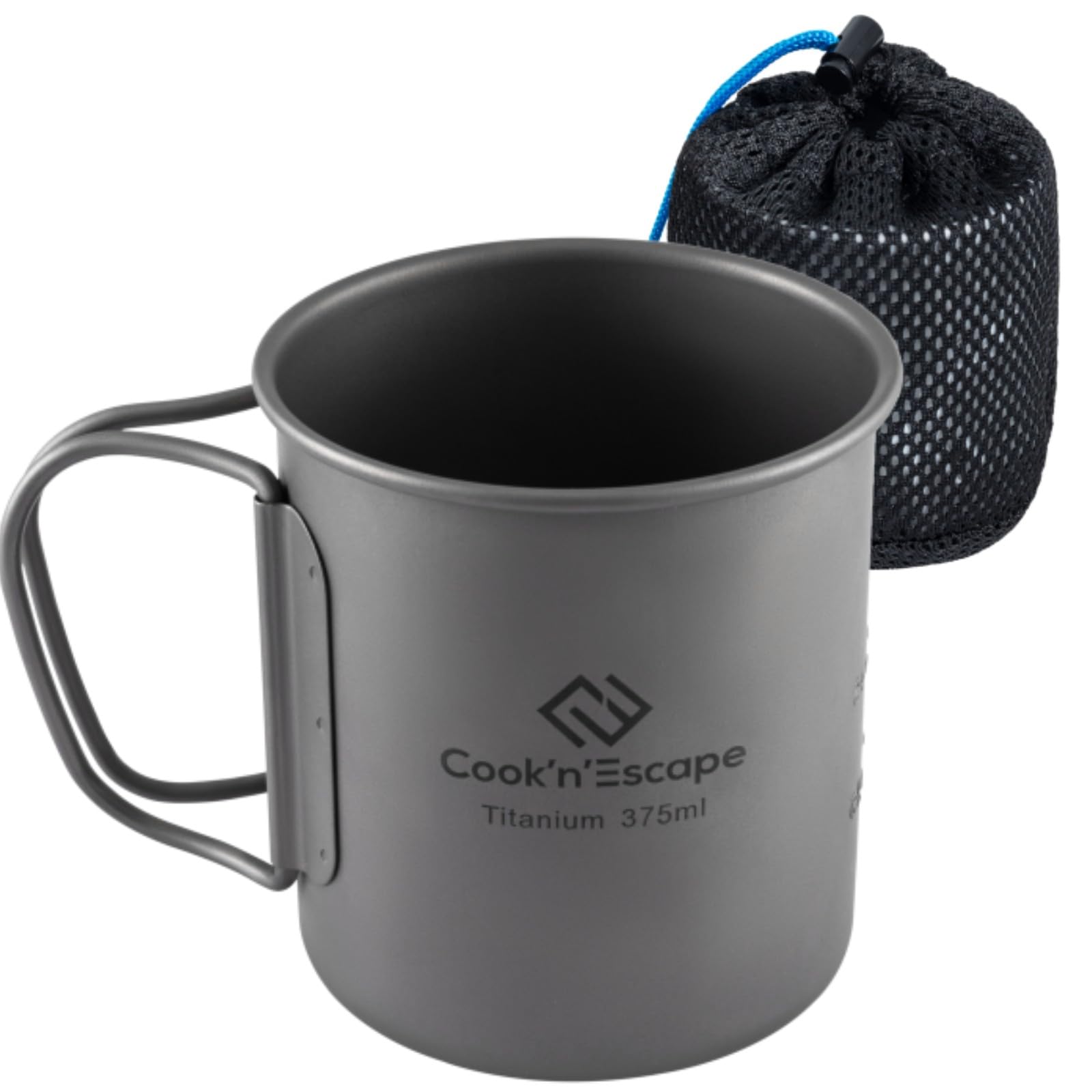 COOK'N'ESCAPE 375ml Titanium Cup Camping Mug Open Fire Pot with Foldable Handle for Outdoor Picnic Backpacking Hiking