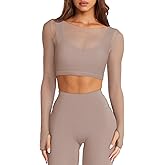 LASLULU Mesh Long Sleeve Crop Tops for Women Double Lined Workout Athletic Gym Shirts Cropped Tops with Built in Bra
