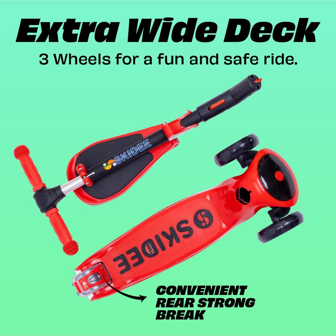 SKIDEE Kick Scooters for Kids Ages 3-5, Adjustable Height Foldable Scooter with Removable Seat, 3 LED Light Wheels, Rear Brake, Wide Standing Board, Suitable Up to 12 Year Old Boys/Girls