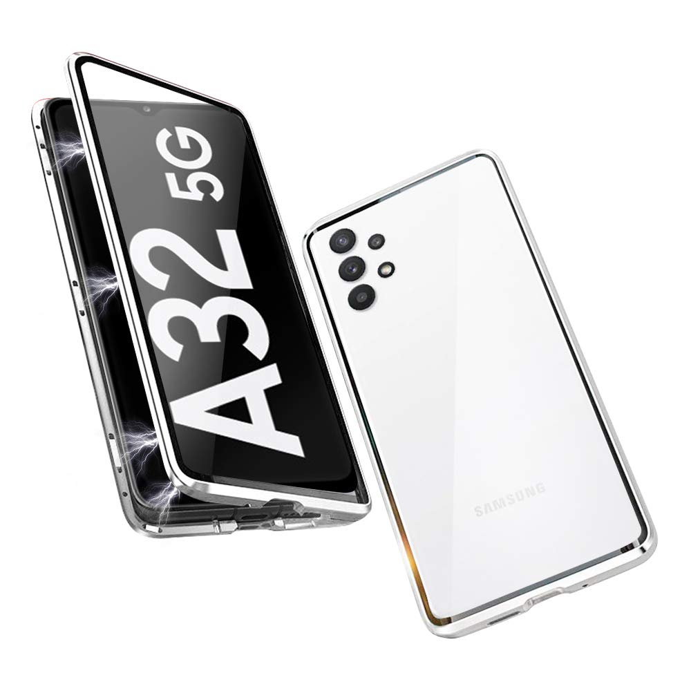 JoiCase Case for Samsung Galaxy A32 5G Magnetic Adsorption Case 360 Degree Protection Cover Tempered Glass Frame Aluminum Strong Magnet Shockproof Metal Flip Cover – Silver