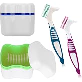 Denture Cleaner Box and Brush Set - 2 Pack Denture Bath Case with Basket + 2 Pack Denture Brush, Portable Denture Retainer Storage Box, False Teeth Brushes for Oral Care (Green and Dark blue)