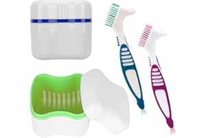 Denture Bath Cup and Brush set - 2 Pack Denture Case with Basket + 2 Pack Denture Brush, Portable Denture Retainer Storage Bo