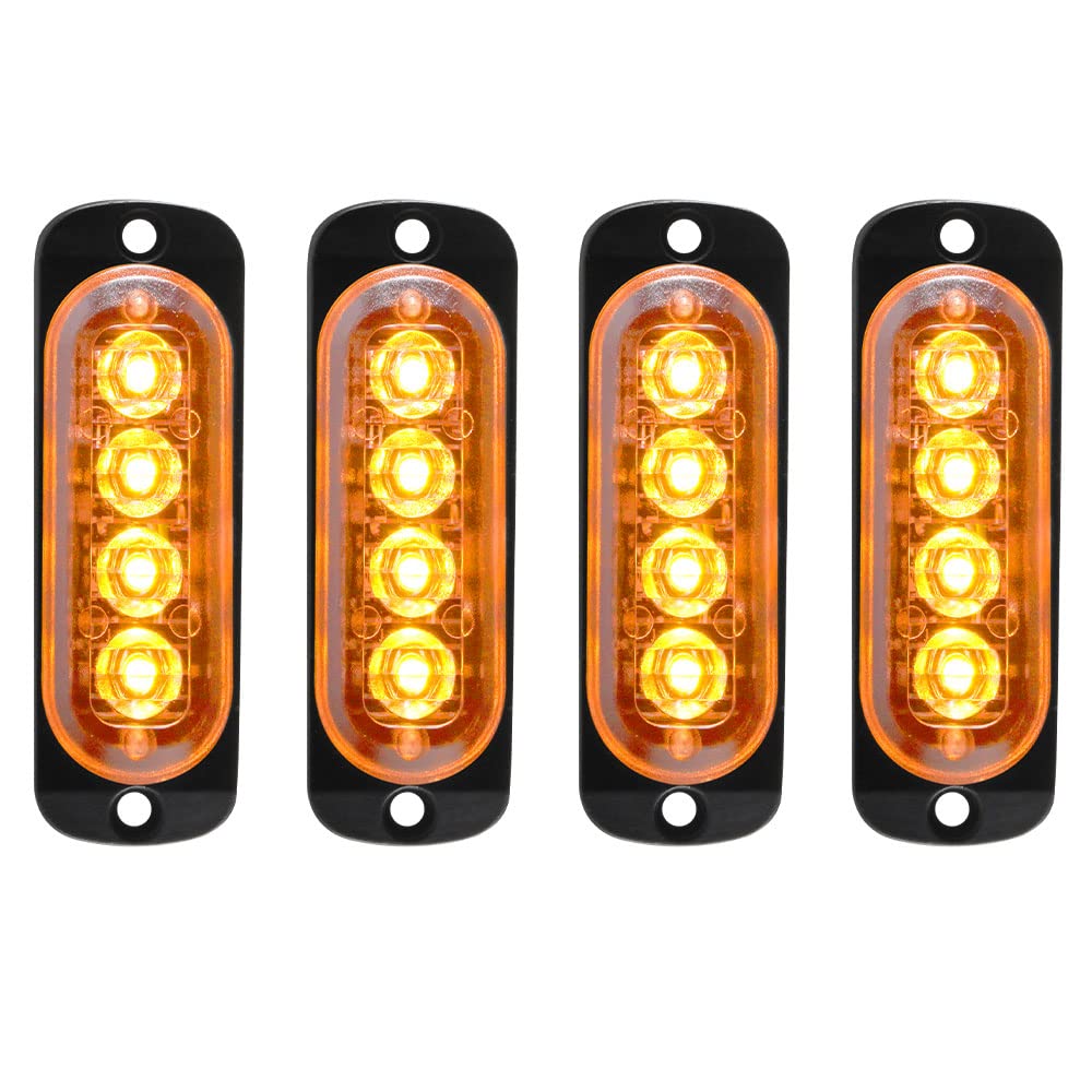yifengshun 4Pcs 4LED Ultra Slim Emergency Warning Hazard Flashing Light,Amber Strobe Caution Light Bar, Sync Feature Grille Lights Flashing Beacon Light Bar for Car Vehicle Truck 12-24V