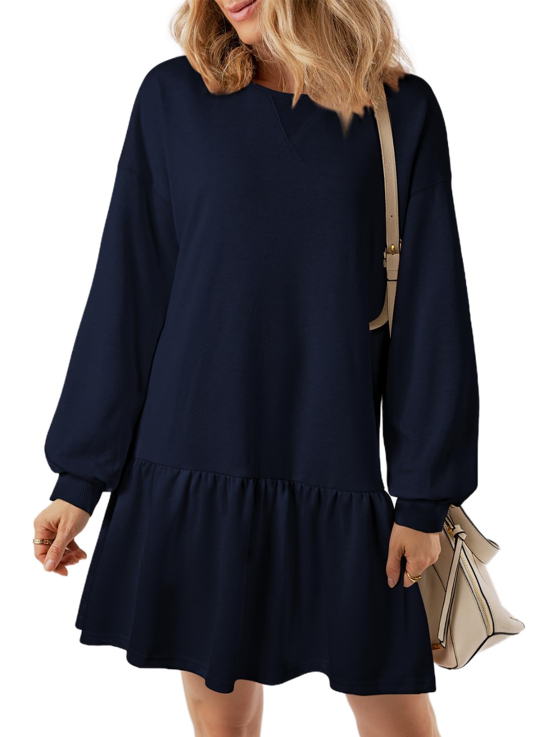 Photo 1 of BLENCOT Long Sleeve Pullover Sweatshirt Dress for Women 2025 Fall Winter Casual Patchwork Loose Crewneck Rib Knit Mini Dresses Sport Workout Navy Blue X-Large