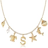 NEKOL Initial S Charm Necklace For Women, Boho Gold Summer Beach Surfer Letter Necklace Starfish Seashell Pearl Turtles Dolphin Charms Pendant, Trendy Pendant Alphabet Choker Necklace Jewelry Gifts
