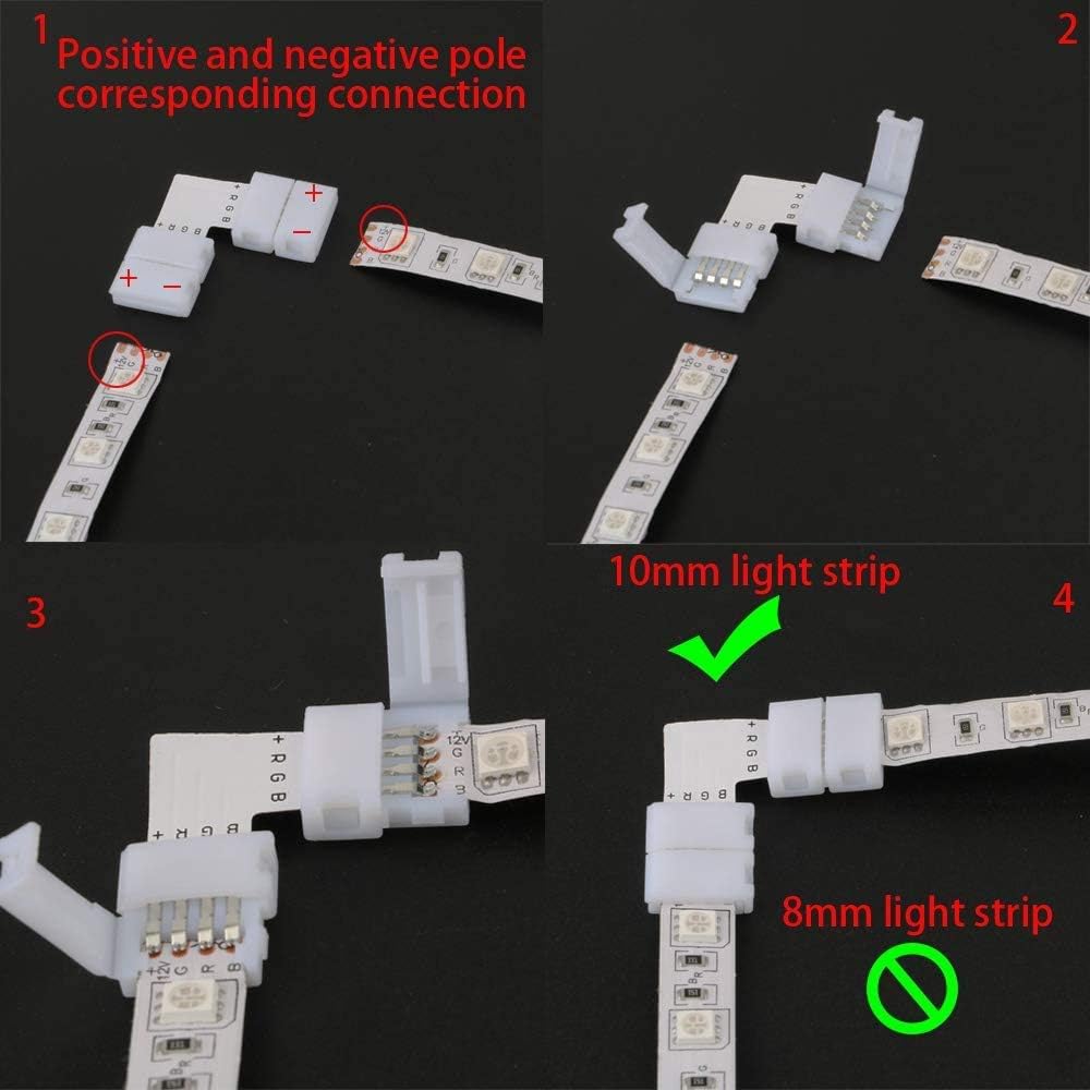 20Pcs 10mm L Shape 4 Pins RGB PBC LED Light Strip Connector Gapless Strip to Strip Solderless Adapter for 5050 SMD RGB LED Strip Lights - - 
