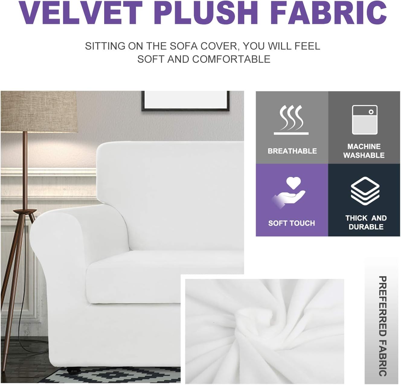 ZNSAYOTX Luxury Velvet Chair Slipcovers with Arms 2 Piece Stretch Chair Covers for Living Room Thick Soft Armchair Slipcover Anti Slip Dog Pet Friendly Furnitre Protector (White, Chair): Kitchen & Dining