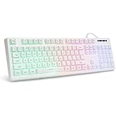 HUO JI White Gaming Keyboard USB Wired with Rainbow LED Backlit, Floating Keys, Mechanical Feeling, Spill Resistant, Ergonomic for Xbox, PS Series, Desktop, Computer, PC