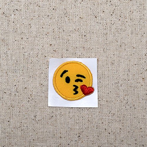 Small - Smiley Face Emoji Blowing Kiss on Cheek - Iron on Applique - Embroidered Patch
