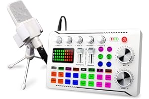 SIBORIE F998 Podcast Equipment Bundle with Audio Interface,Voice Changer, M998 Condenser Karaoke Microphone, Mic Stand,Live Sound Card with dj Mixer Effects & Voice Changer Audio Mixer White