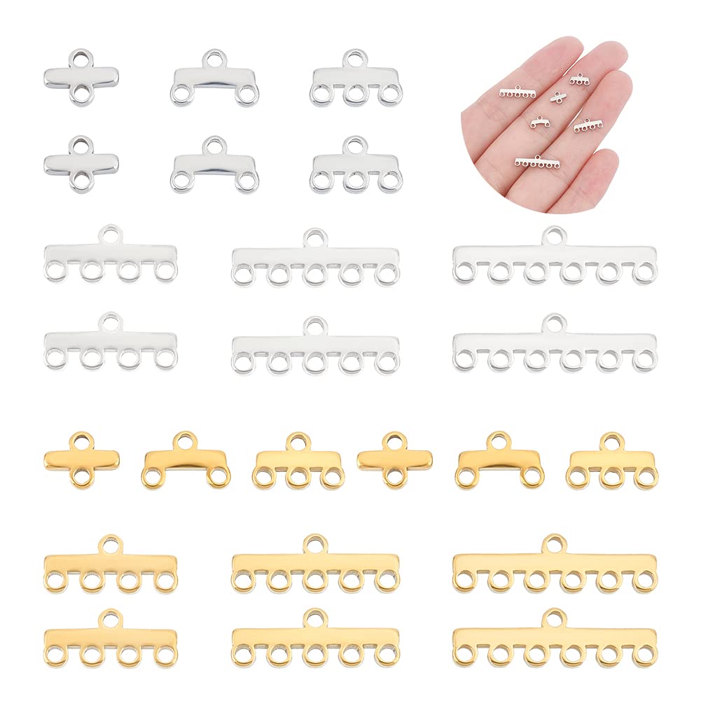 UNICRAFTALE 24Pcs 2 Color 6 Styles 304 Stainless Steel Links Component Multi Loop Charms Connectors Multi Strand Clasps Lock Rectangle Links Pendant for Necklace Bracelet Jewellery Making Hole 1.2mm