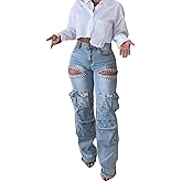Tbahhir Rhinestone Jeans for Women Cargo Baggy High Waisted Straight Leg Denim Pants with Slit Shiny Sparkly Trousers
