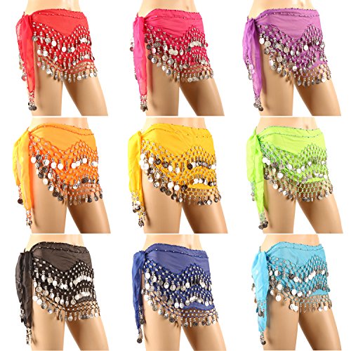 Hip Scarfs for Belly Dancing, 10PCS/LOT Hip Scarves with 128-Silver Coins Belly Dance Waist Costume Belt, Chiffon Dangling Belly Dance Sequins Hip Scarf