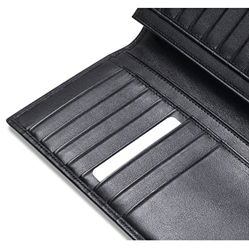 HISCOW Bifold Long Wallet with 15 Credit Card Slots - Italian Calfskin (Black)