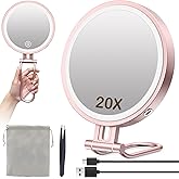 Travel Makeup Mirror with Lights,3000mAh Rechargeable 1X/20X Magnifying Mirror with Light, 7" Portable Lighted Beauty Mirror, Make Up Mirrors with 3 Light Colors, Dimmable Tabletop Handhold Hanging-G