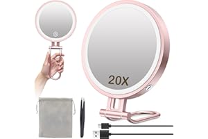 IMIKONA Travel Makeup Mirror with Lights,3000mAh Rechargeable 1X/20X Magnifying Mirror with Light, 7" Portable Lighted Beauty Mirror, Make Up Mirrors with 3 Light Colors, Dimmable Tabletop Handhold Hanging-G