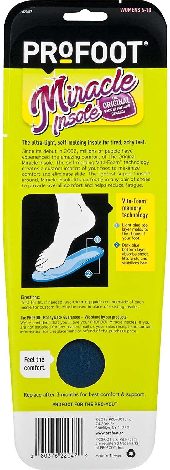 PROFOOT Original Miracle Insoles for Women (Sizes 6-10) – Self-Molding Ultra Light Memory Foam Shoe Inserts for Comfort & Support