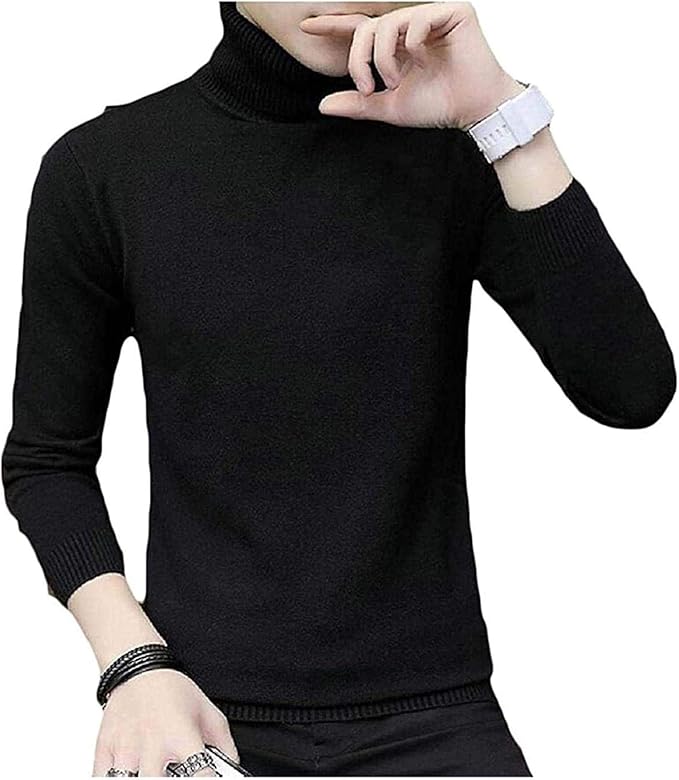 Black Back Mens Fitted Solid Color Long Sleeve Top Turtleneck Knit