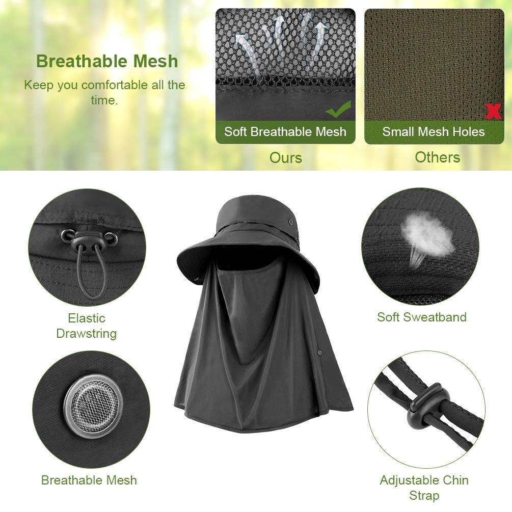 VBIGER Sombrero de Sol Protección UV para el Verano ala Ancha Pesca Plegable Sombreros con Solapa Extraíble y Malla Transpirable (Gris Oscuro)
